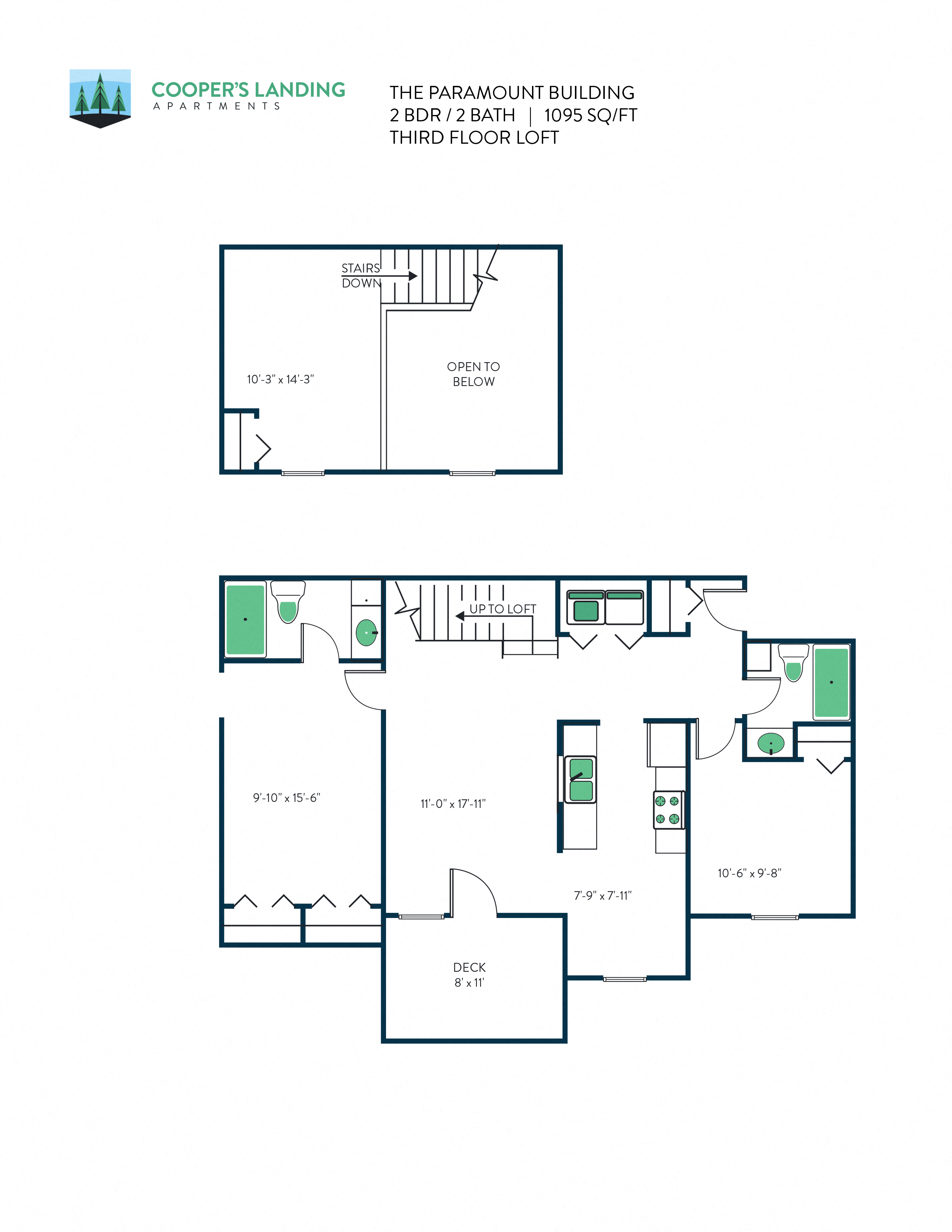Floor plan for 2 beds, 2 baths, 1095 sqft